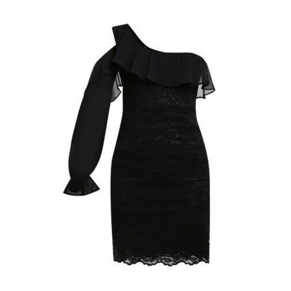 BARDOT Black Fiorella One Cold Shoulder Sleeve Lace Ruffle Bodycon Dress 8 M NEW - Picture 7 of 7